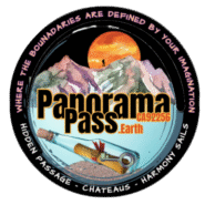 Logo badge for Panorama Pass Earth with mountains, a setting sun, and a small airplane.